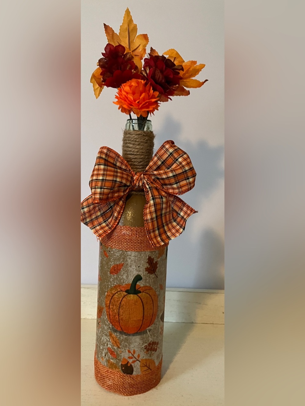 Autumn Pumpkin Decorative Bottle with Orange Plaid Bow